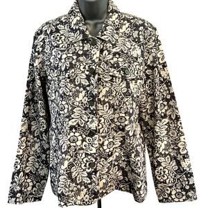 Rebecca Malone Floral Denim Blue & White Button Woman’s Blouse Shirt L Excellent